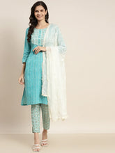 Printed Gotta Patti Kurta with Trousers & Dupatta ( JOKS D36W 1470 Blue )-JOKS-D36W-1470